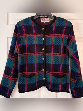 VTG 60s Tally-Ho Plaid Tartan Grandma Grandpa Cardigan Sweater Gold Buttons~M